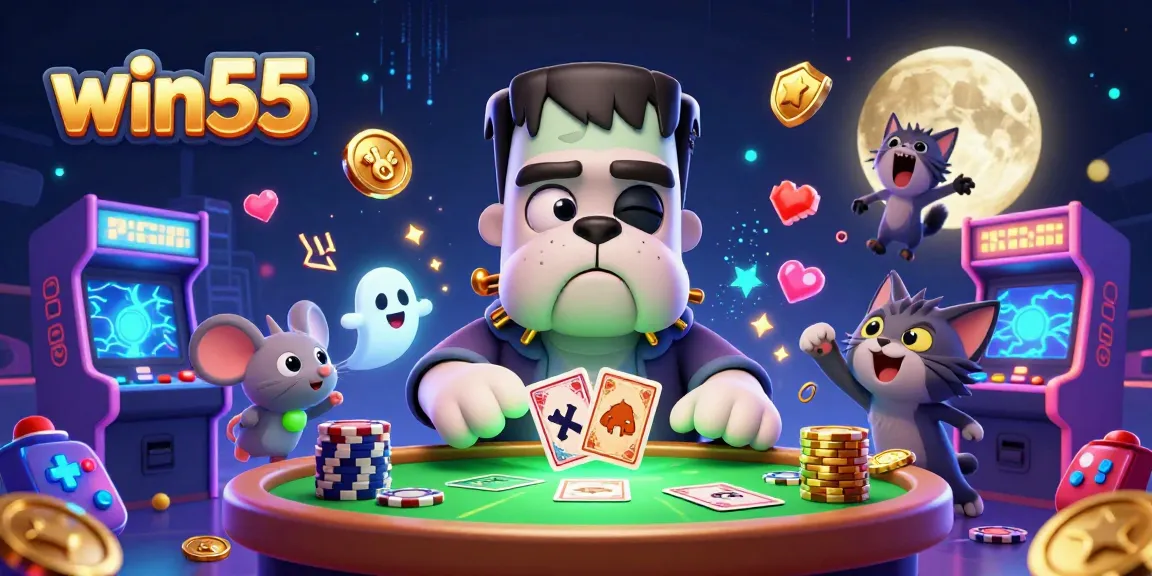 Win55 spirited gaming scene with Frankenstein bulldog dealer and mystical elements.