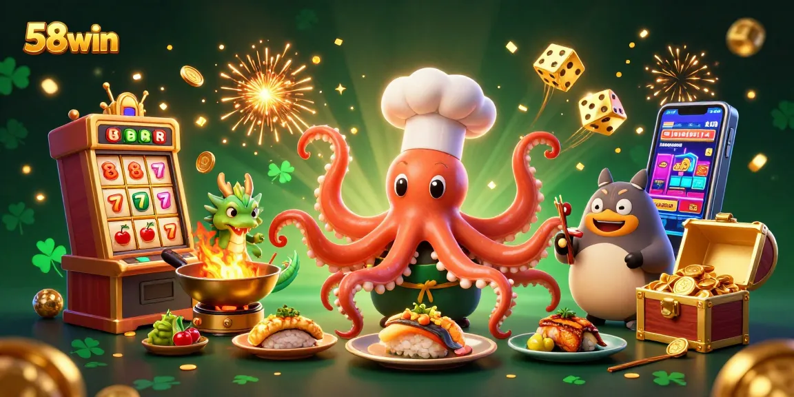 Participate in exciting games at 58win with vibrant illustrations of a slot machine and casino characters.