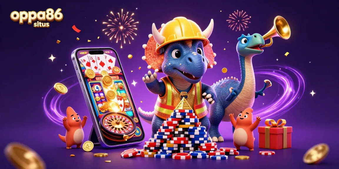 Engage with oppa86 situs through a vibrant casino scene with playful dinosaur characters celebrating wins.