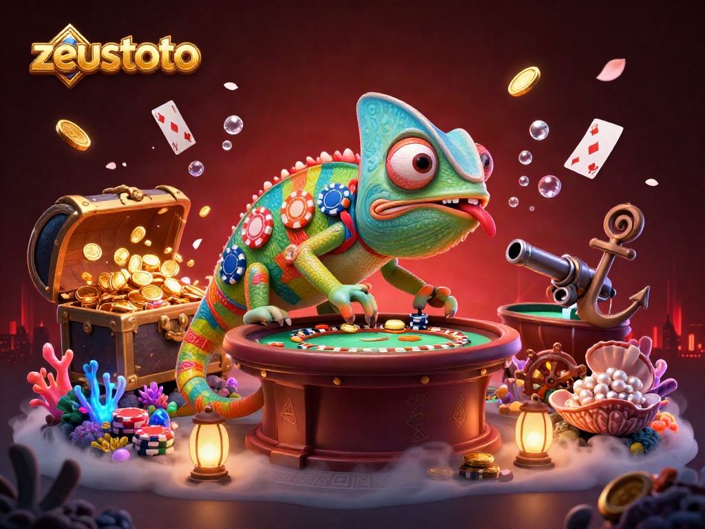 Experience zeustoto with a dynamic casino scene featuring a chameleon casino owner and vibrant game elements.
