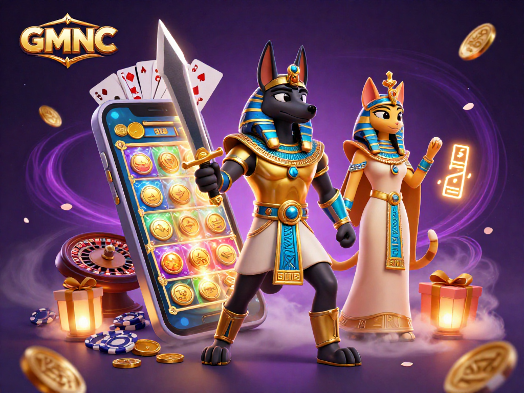 Experience excitement with GMNC as ancient Egyptian characters engage in thrilling casino action.