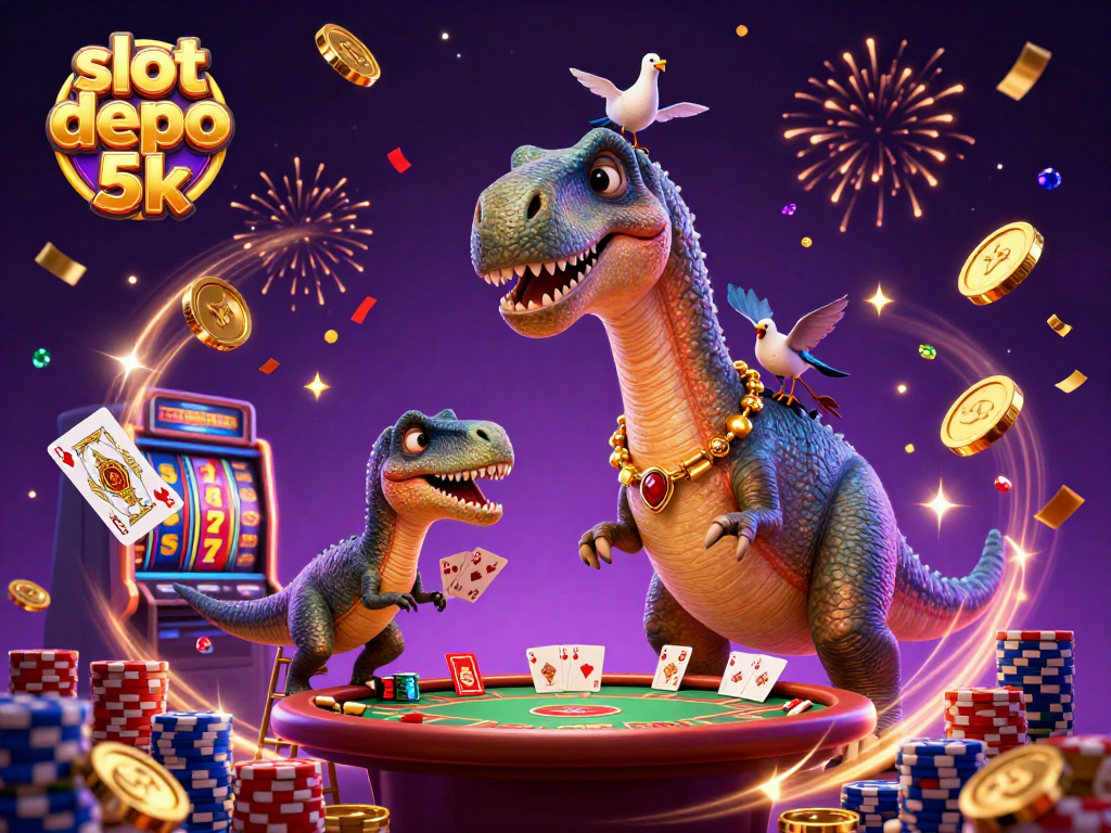 Engage in slot depo 5k excitement with vibrant 3D casino illustration depicting dynamic characters and gaming elements.