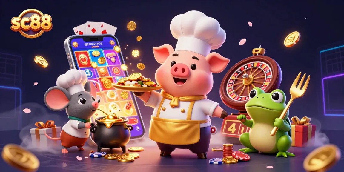 Spin the reels at sc88, featuring a chef pig serving gold coins in a vibrant casino scene.