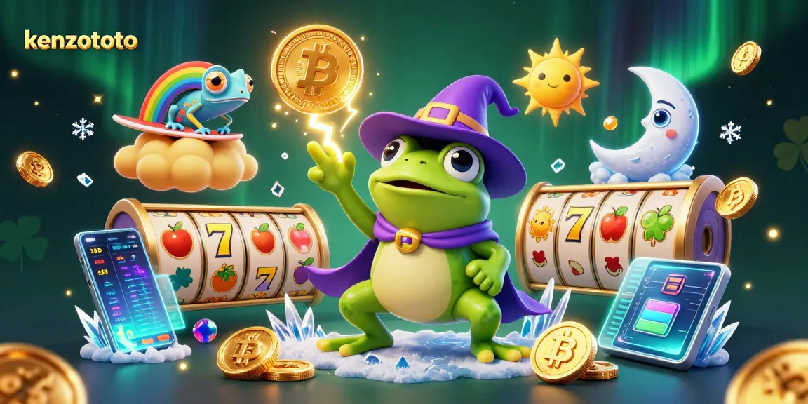 Engage with kenzototo's thrilling slots, as a whimsical wizard frog conjures coins amidst vibrant illustrations.