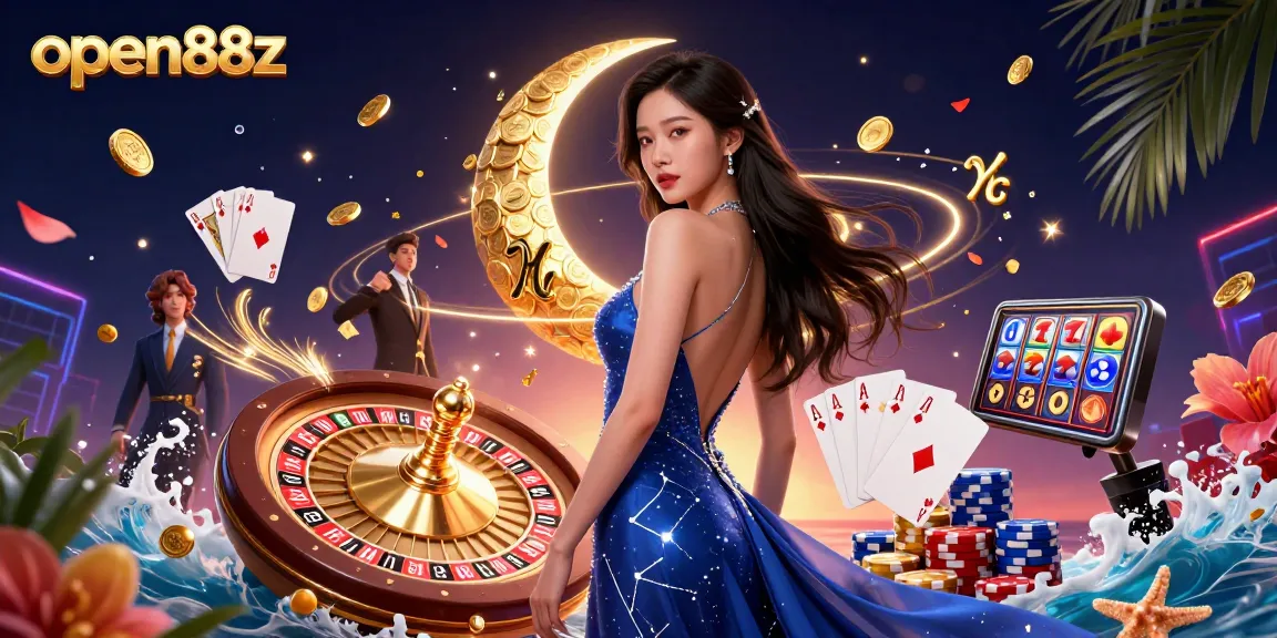 Experience excitement at open88z with stunning slots, a dynamic roulette wheel, and vibrant casino elements.