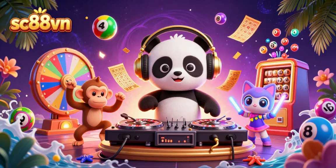 Engage with the lively scene of sc88vn featuring a DJ panda, dancing monkey, and glowing kitten in an energetic casino setting.