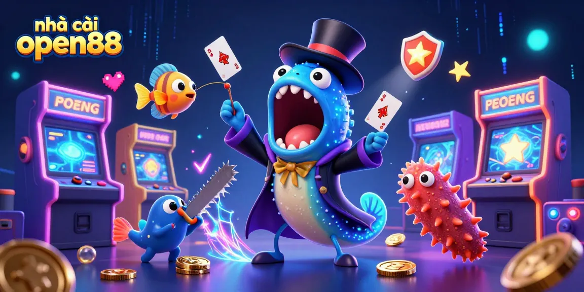 Engage with the vibrant realm of nhà cái open88 featuring a deep-sea eel magician performing card tricks amidst arcade games.