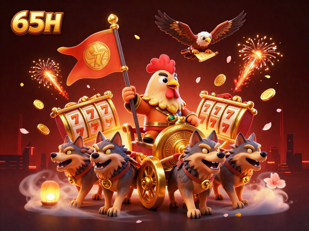 Visualize a emocionante cena de cassino com 65H, onde um galo guerreiro lidera a diversão com sorteios e jackpots.