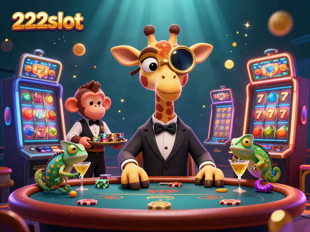 Slot permainan 222slot dengan jerapah penggulung tinggi, valet monyet, dan bartender bunglon