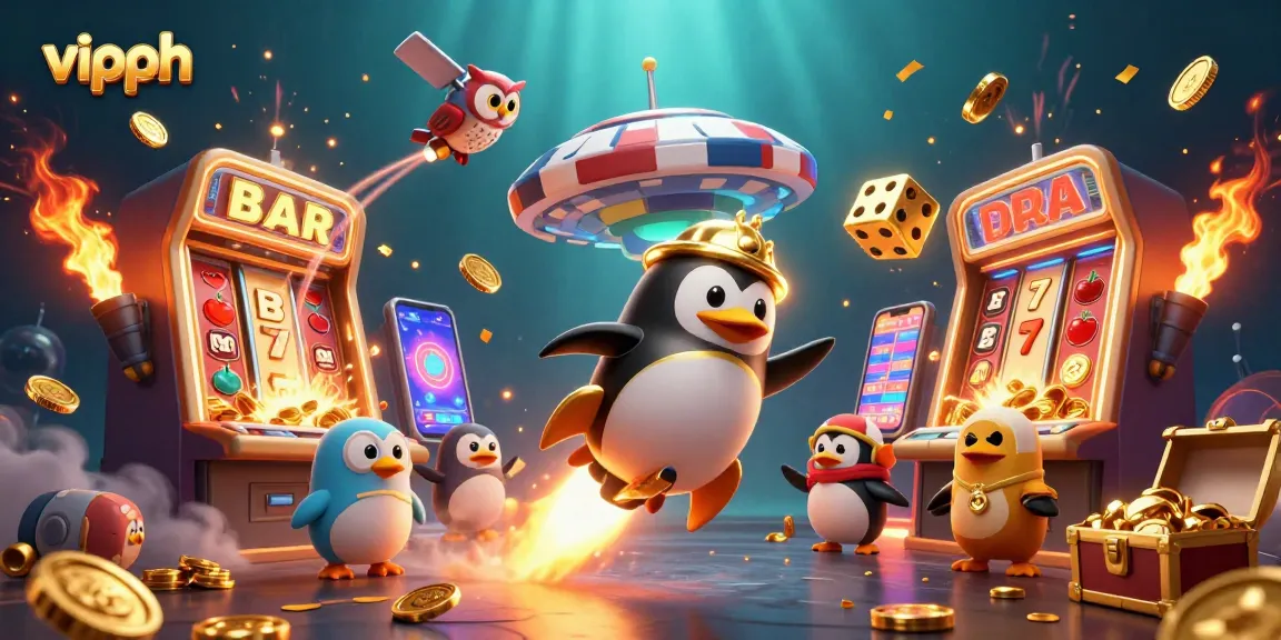 Experience fun and excitement with vipph’s golden penguin racing towards a colorful casino space station.