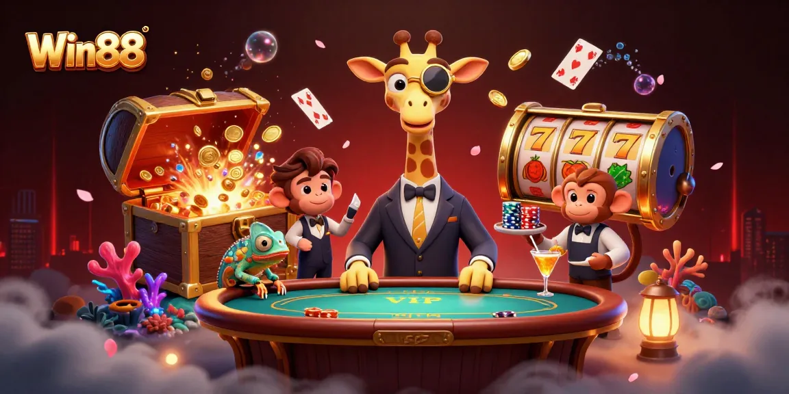 Win88 captures the thrill of gaming with vibrant characters and explosive casino elements.
