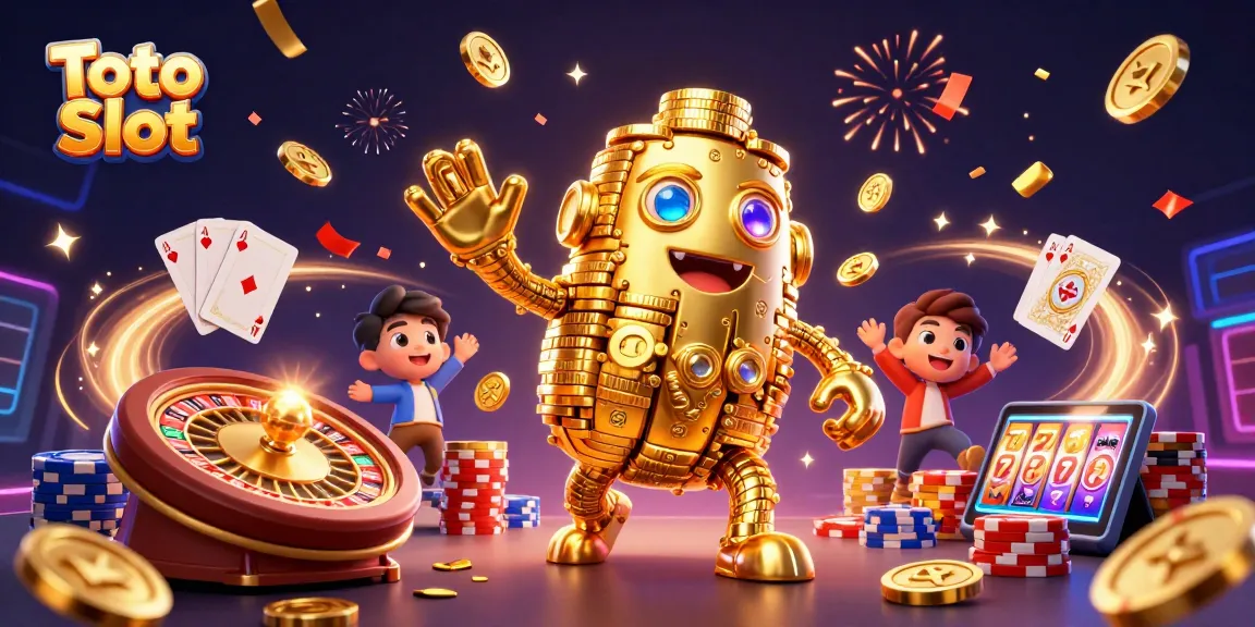 Engage in thrilling Toto Slot gaming with a vibrant scene of golden treasures and dynamic casino elements.