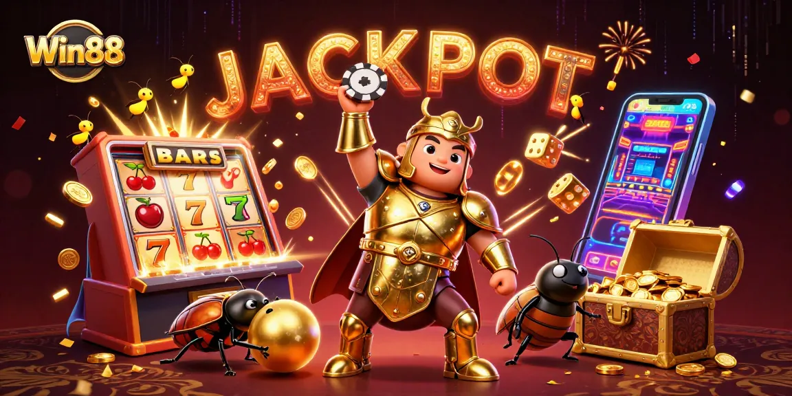 Engage with Win88’s exciting jackpot illustrations featuring vibrant casino symbols and dynamic characters.