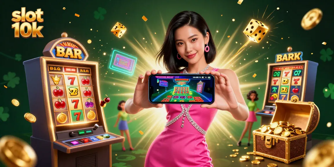 Winning on slot 10k: stunning woman engaging with a live dealer game on her smartphone amidst a vibrant casino backdrop.
