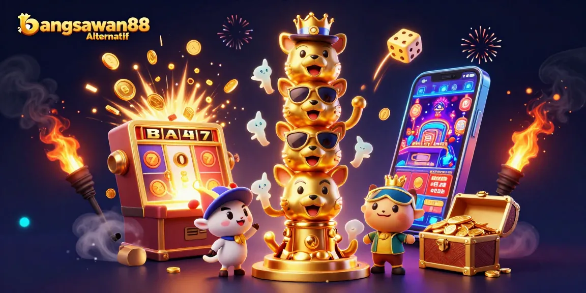 Win big with bangsawan88 alternatif in this vibrant casino illustration featuring dynamic slot game action.