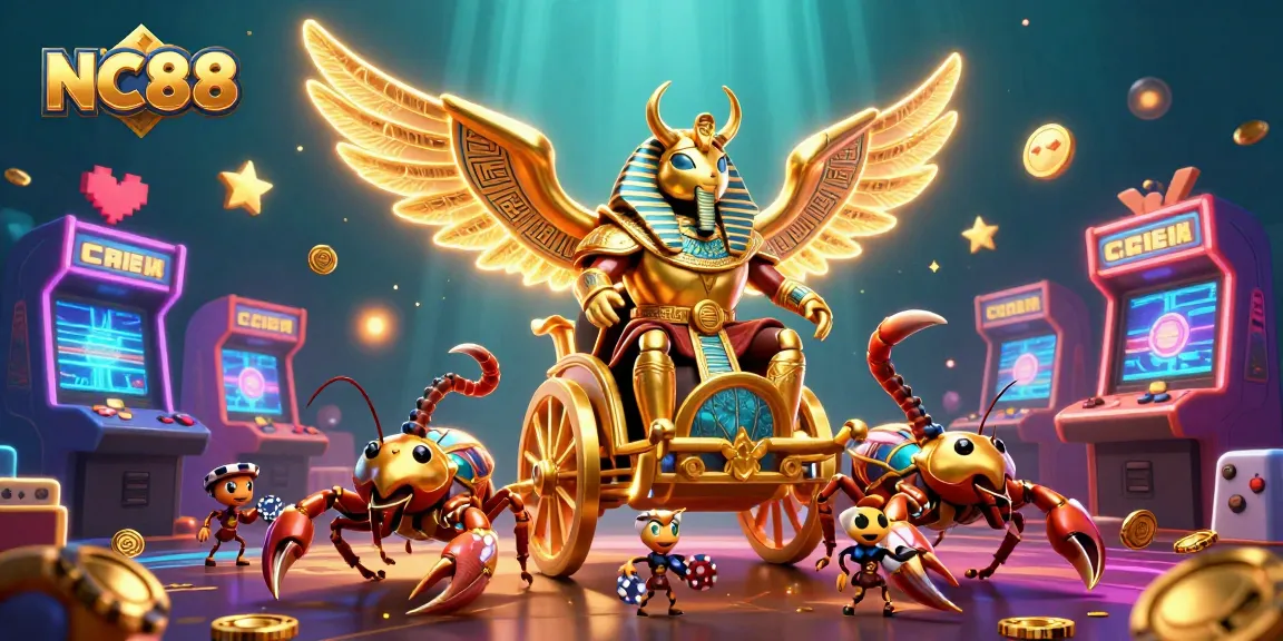 Engage with NC88's thrilling gaming world featuring a golden scarab beetle amidst casino elements