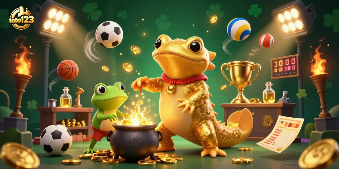 Engage with toto123's lottery gameplay featuring enchanting alchemical characters, sports elements, and golden riches.