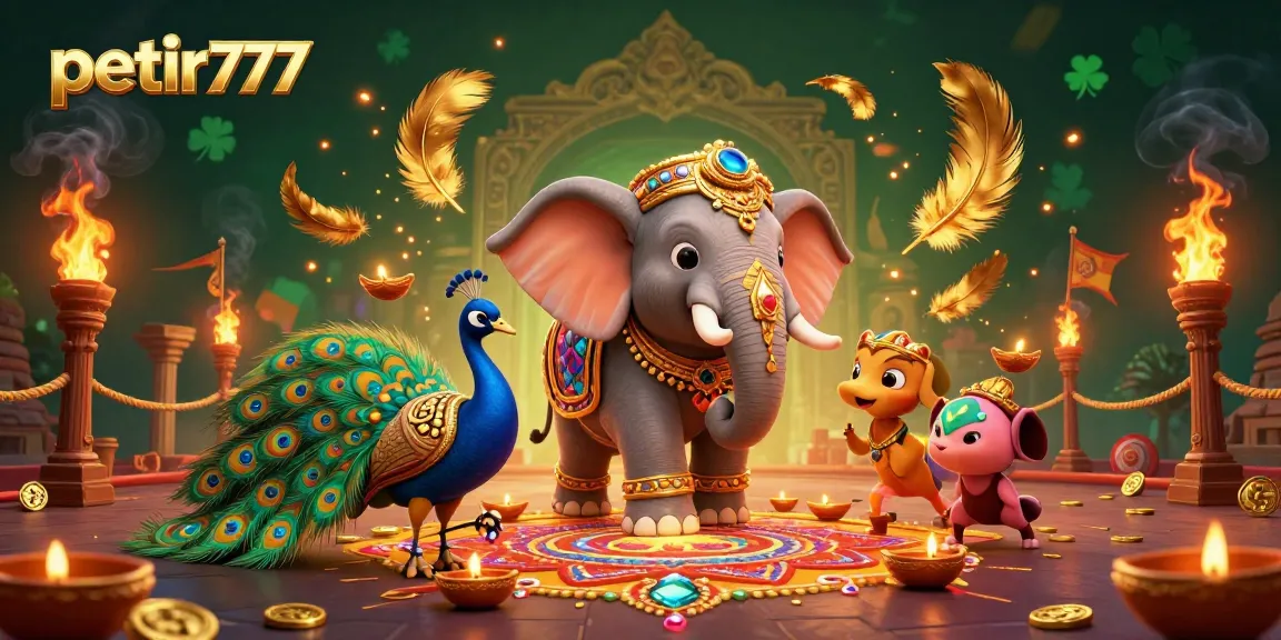 Play thrilling games at petir777 with a vibrant illustration of a Diwali-themed elephant amidst casino elements.