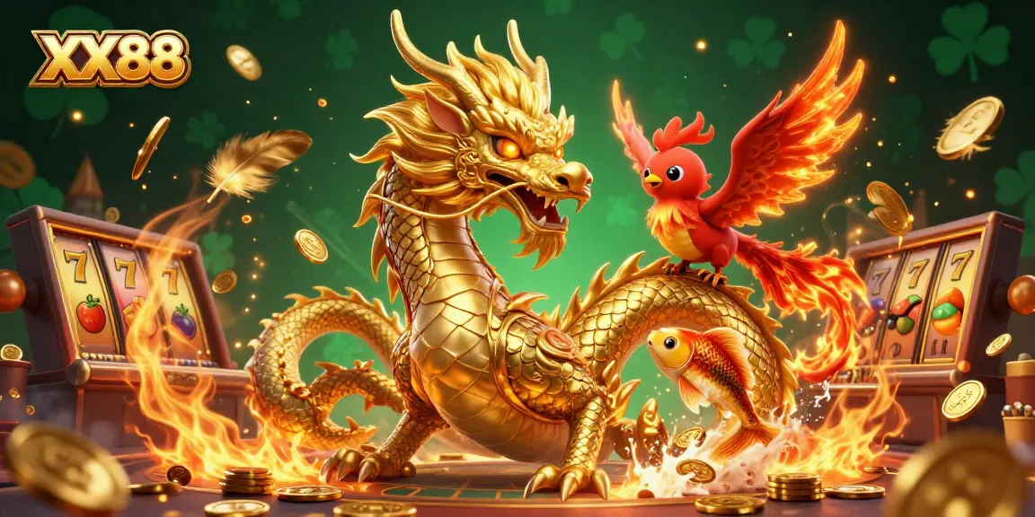 Experience thrilling gaming action at XX88 with a fierce dragon, phoenix, and golden koi in a vibrant casino.