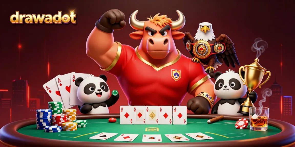 Engage with drawadot's vibrant gambling scene featuring a bull mascot, poker elements, and dynamic characters.
