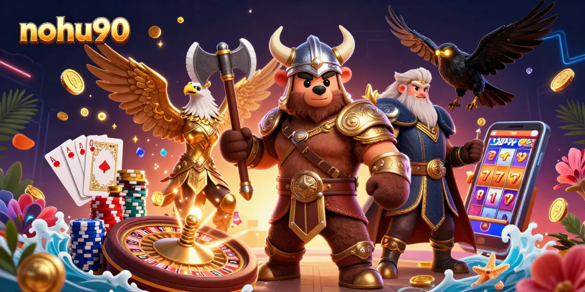 Win big at nohu90 with an exciting 3D digital illustration showcasing casino elements.