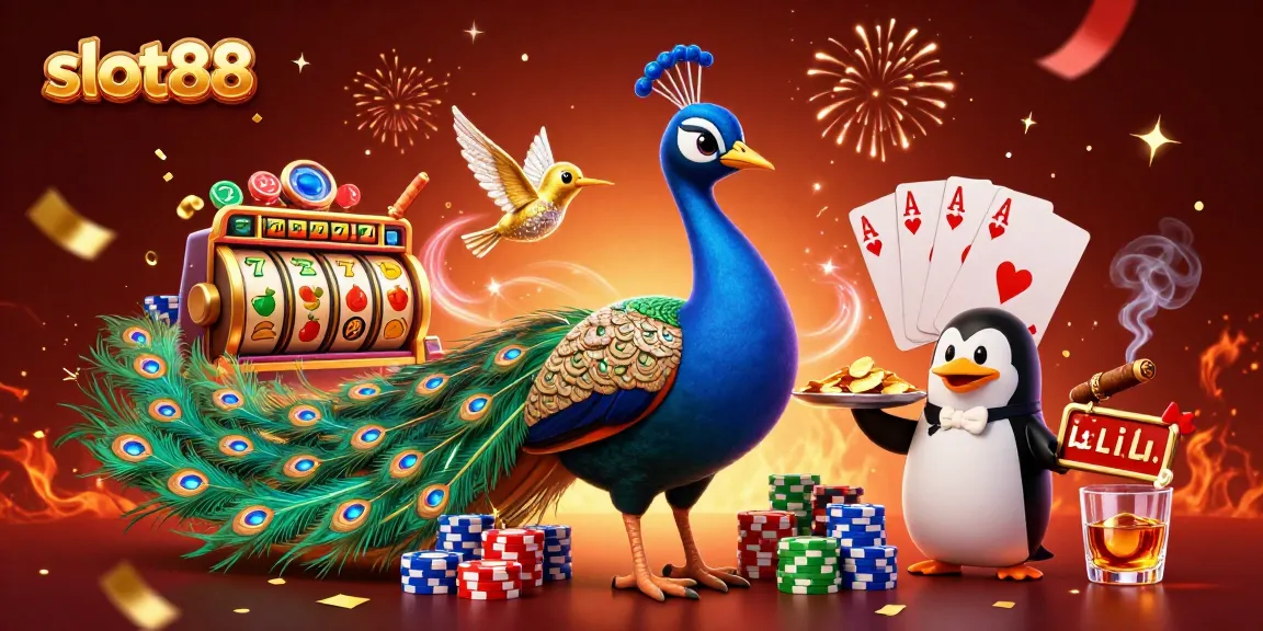Menggugah semangat pemain di slot88, burung merak aristokrat mengejutkan dengan bulu permata, didampingi penguin pelayan membawa chip emas.