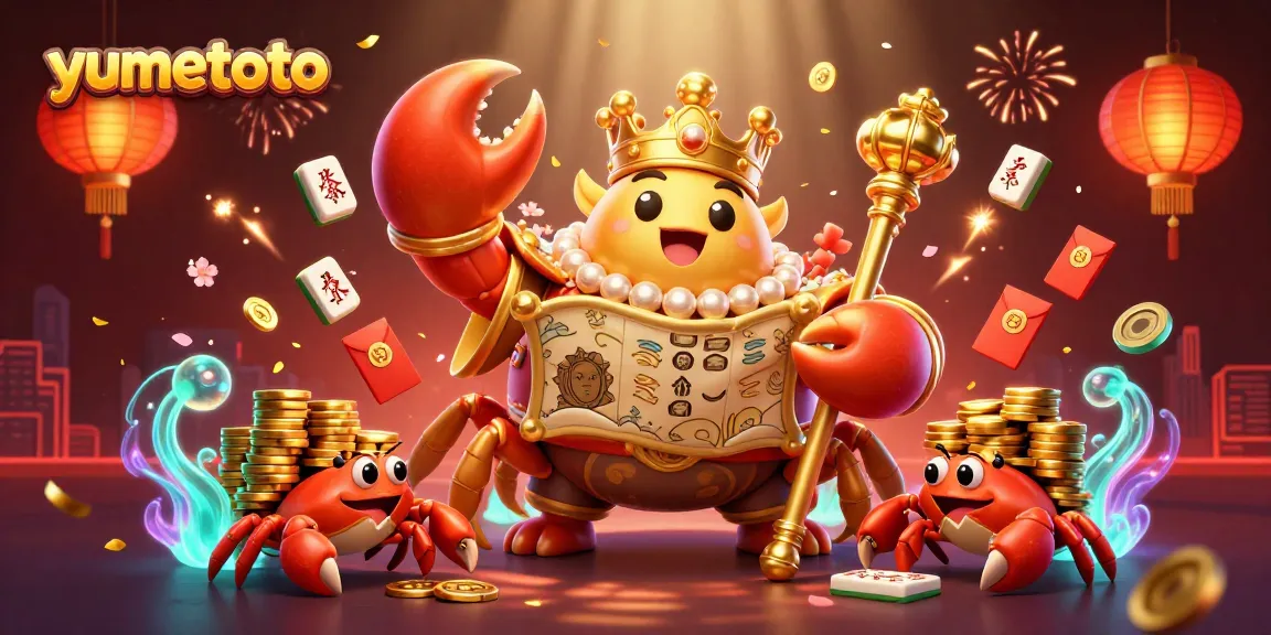 Play and win at yumetoto, featuring a cartoon crab crown and vibrant casino elements.