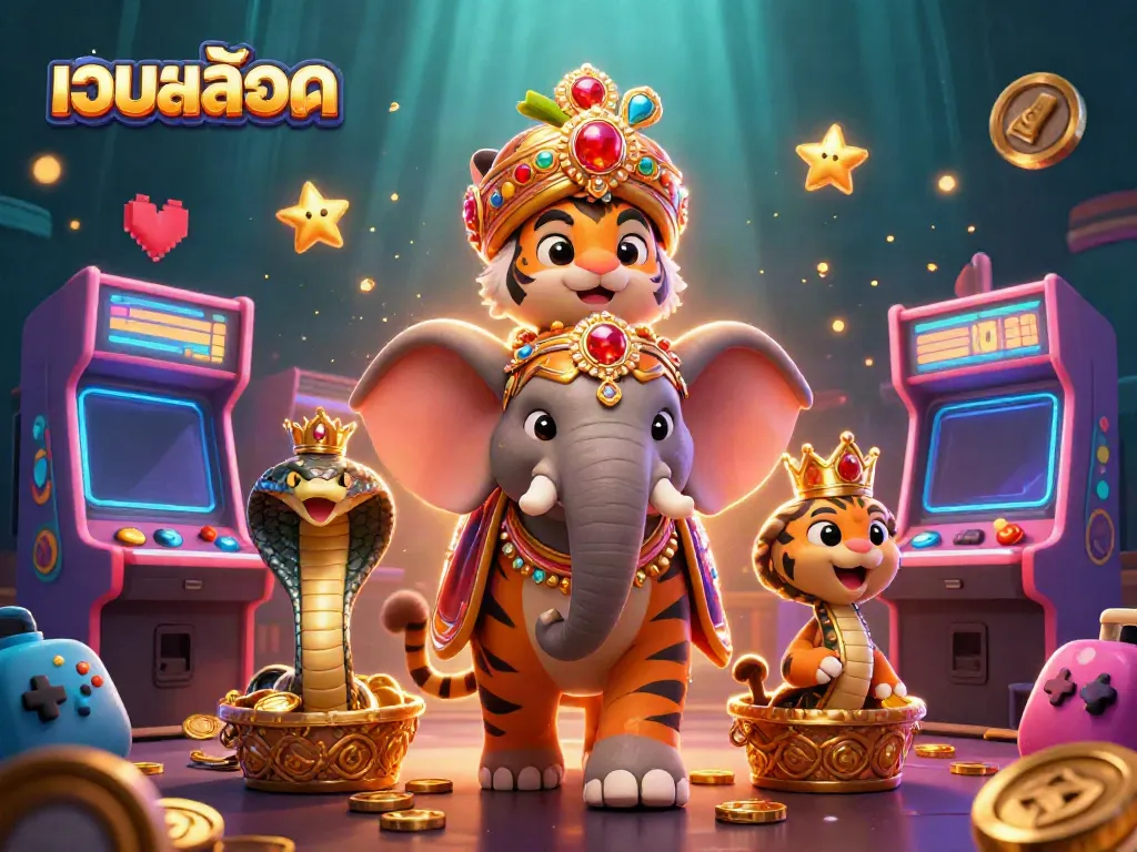 Experience เว็บสล็อต with an intricate scene featuring a jewel-encrusted tiger and vibrant arcade elements.