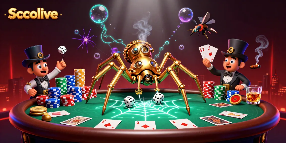 Socolive features a steampunk spider entangled with poker items, showcasing a dynamic casino scene.