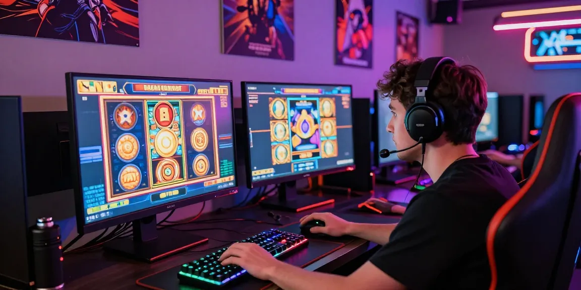 Pengguna bermain slot online dengan kegembiraan di depan monitor yang menunjukkan permainan slot.
