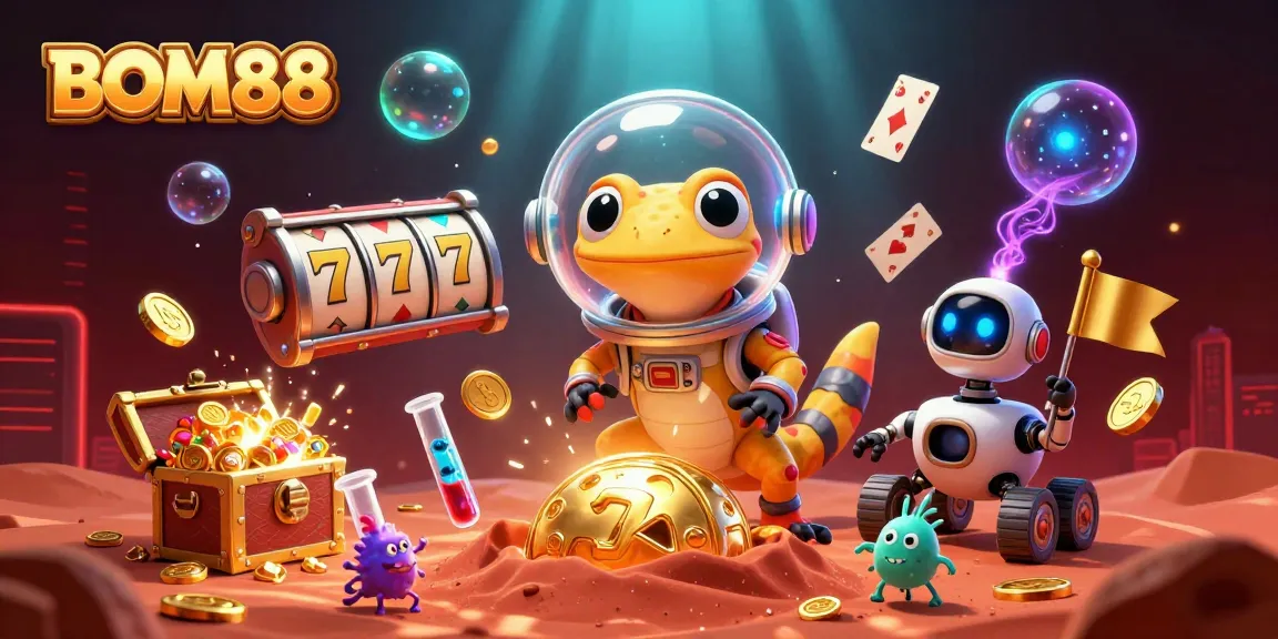 BOM88 offers a thrilling experience with a Martian gecko exploring a casino filled with riches.