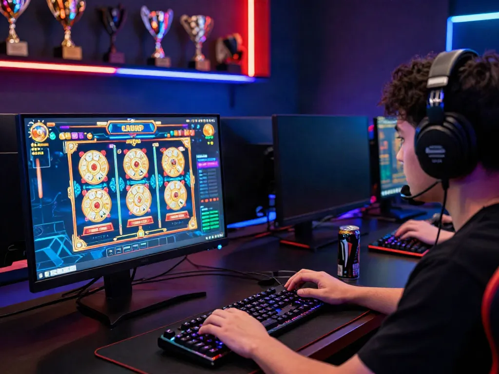 Akunjp online gaming player focused on slot game interface and trophies.