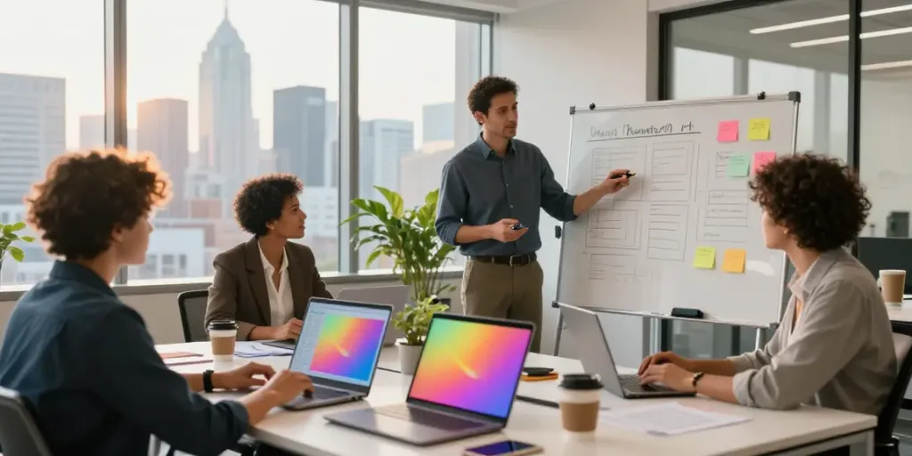 Team collaborating in a digital marketing workspace with laptops and analytics, showcasing sabi4d insights.