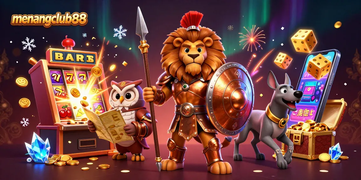 Play exciting games at menangclub88 platform featuring slots, golden coins, and lively characters.