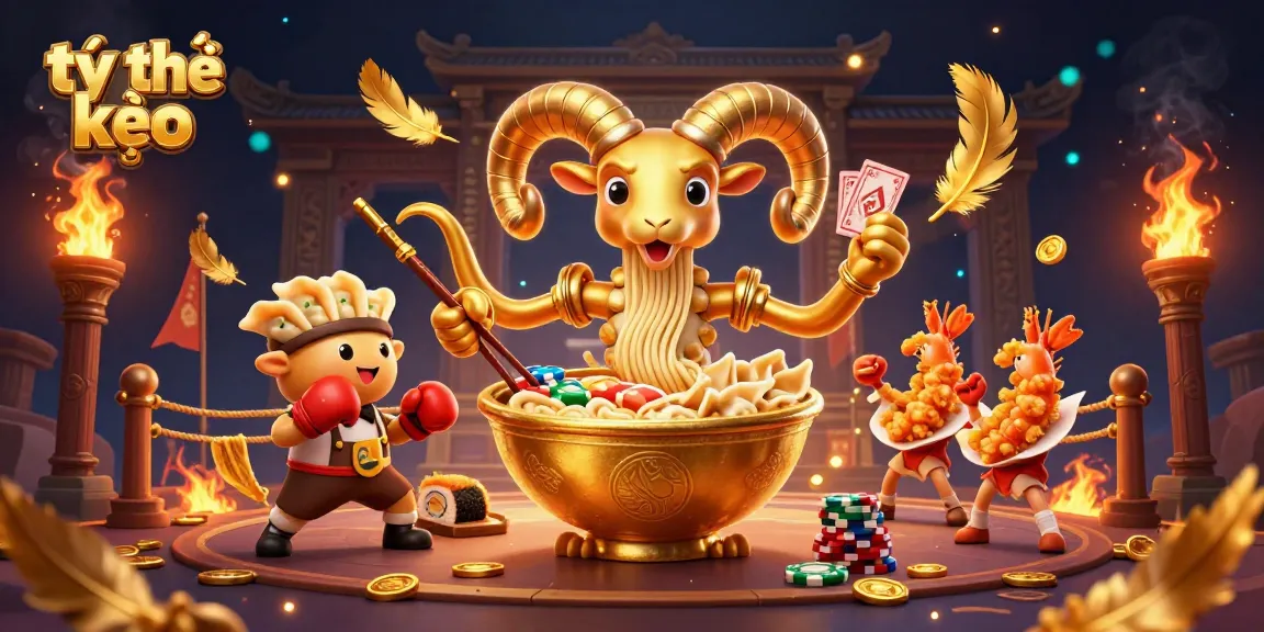Engaging scene depicting tỷ lệ kèo with a playful giant ramen bowl character and vibrant casino elements.