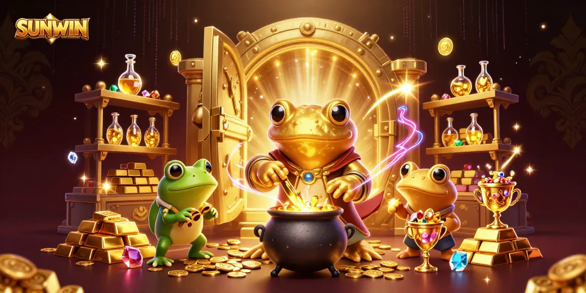 SUNWIN’s enchanting 3D scene of a golden salamander and frog in a magical casino laboratory creating treasure in gold coins.