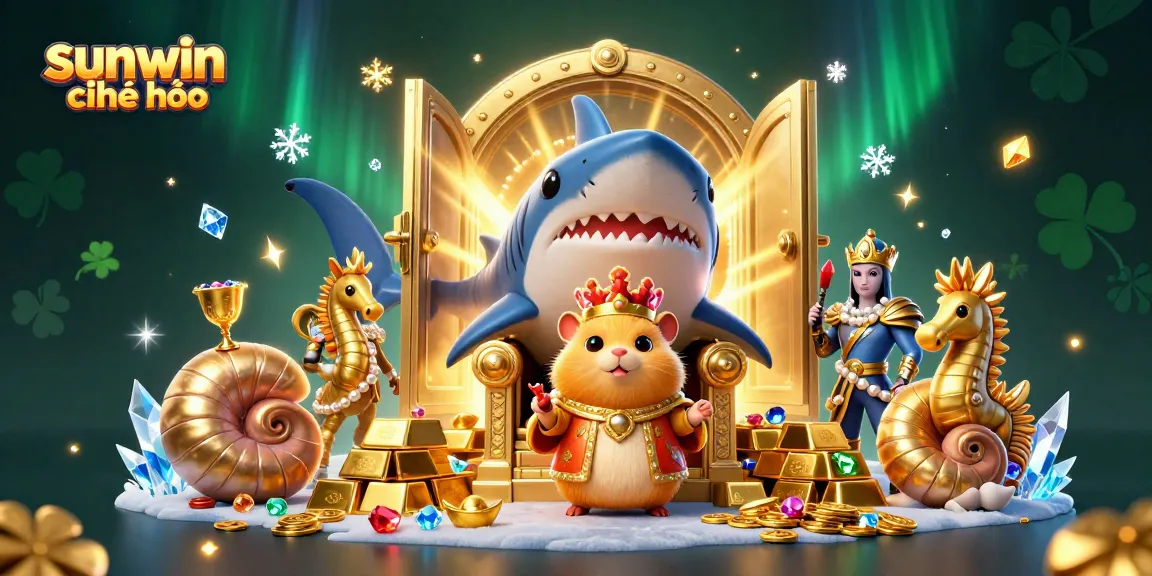Win big with sunwin chính chủ: an exhilarating 3D cartoon casino scene featuring treasures and royal characters.