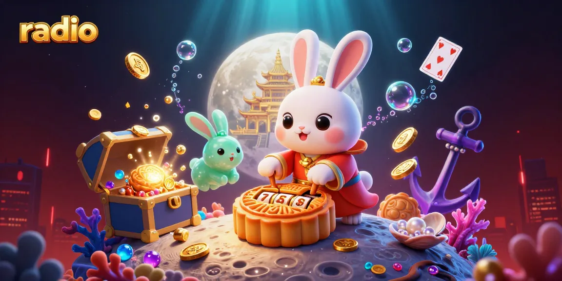 Exciting radio gaming experience featuring a moon rabbit and slot reels in a vibrant casino setting
