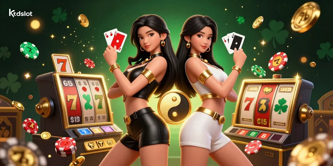 Kdslot features a dynamic scene with twin Asian women in casino outfits holding playing cards, surrounded by slot elements and gold coins.