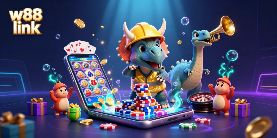 Enhance gaming with w88 link as triceratops builds poker chip pyramid amidst celebration
