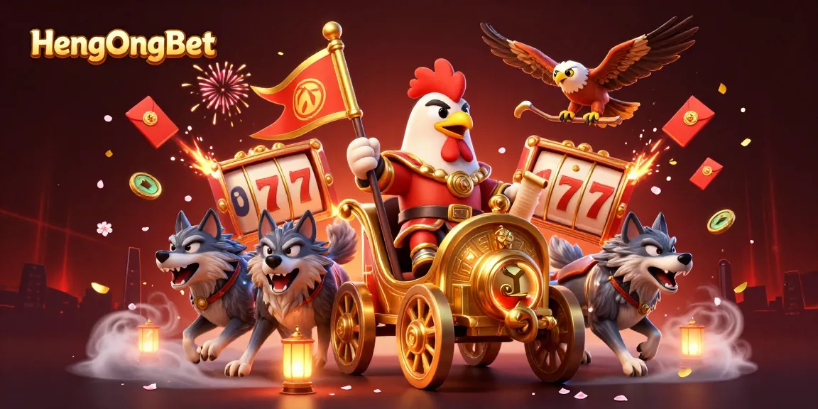 Engage with HengOngBet's immersive slot gameplay featuring a rooster warlord illustration with dynamic casino elements.