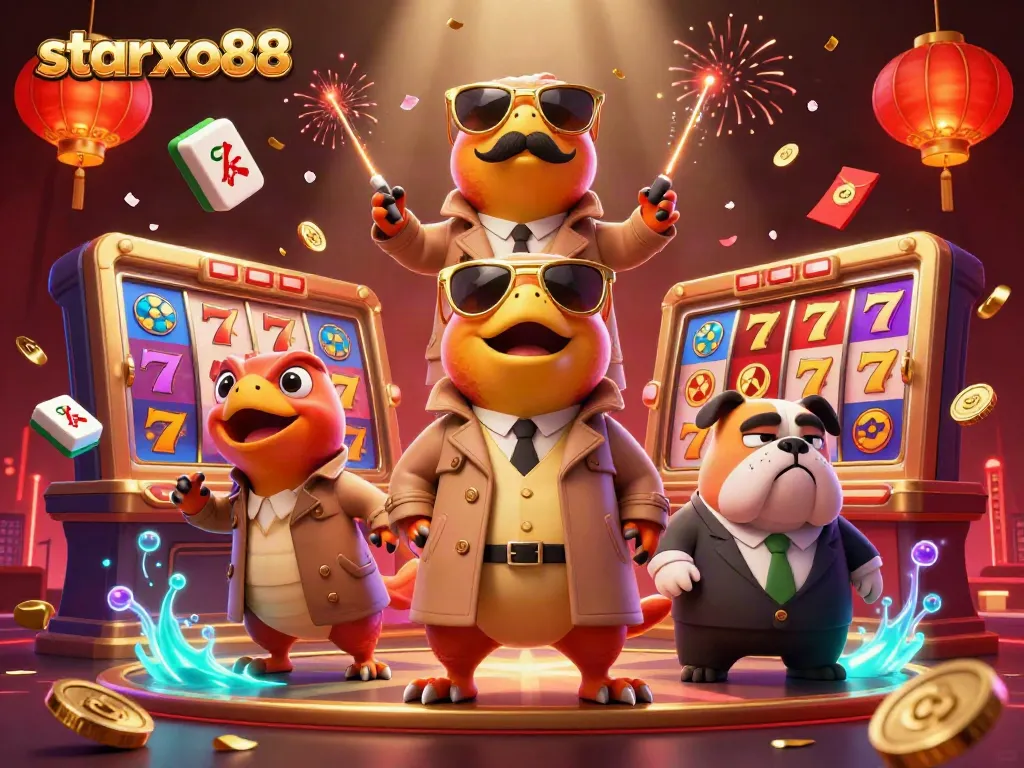 Engage with starxo88's vibrant slot action featuring playful cartoon raptors in a casino.
