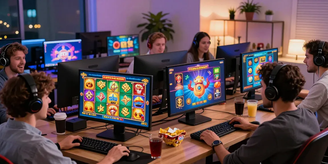 Pengalaman bermain slot online yang menarik dengan pemain berbeda di depan komputer.