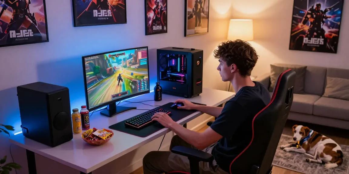 Engaged player immersed in 99ab-game with gaming setup