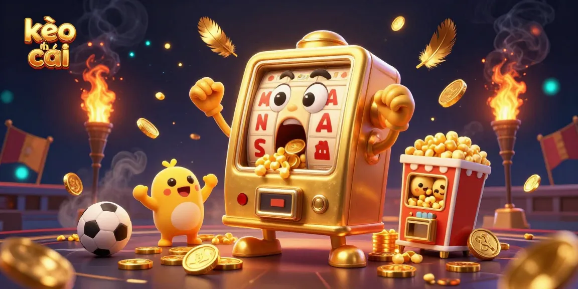 kèo nhà cái showcases thrilling sports betting with a lively golden slot machine hitting a jackpot.