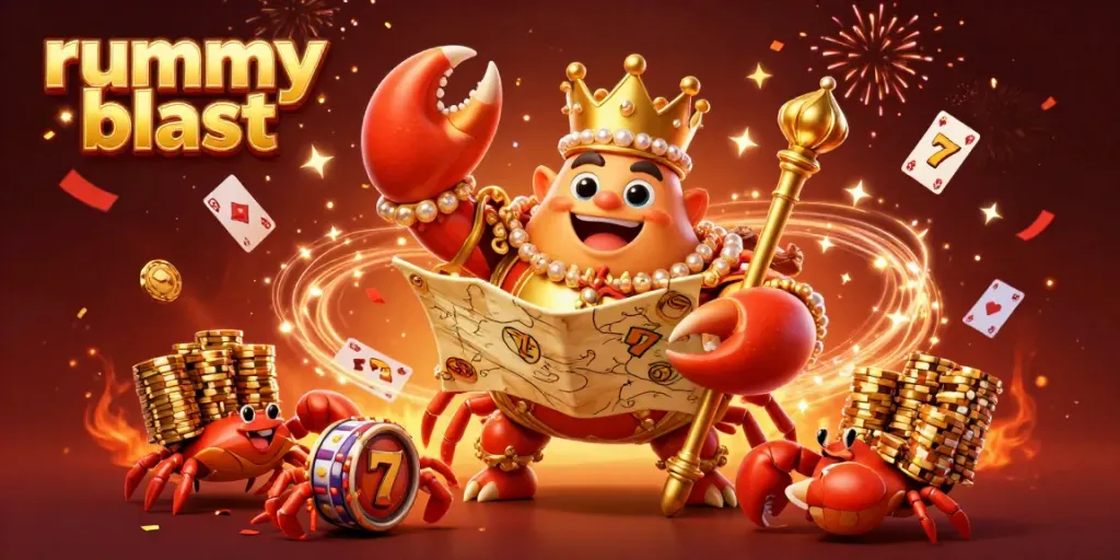 Experience the excitement of rummy blast with a golden crab emperor and vibrant casino elements.
