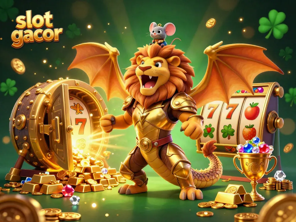 Engage with slot gacor excitement featuring a roaring chimera and golden treasures in a vibrant 3D casino scene.
