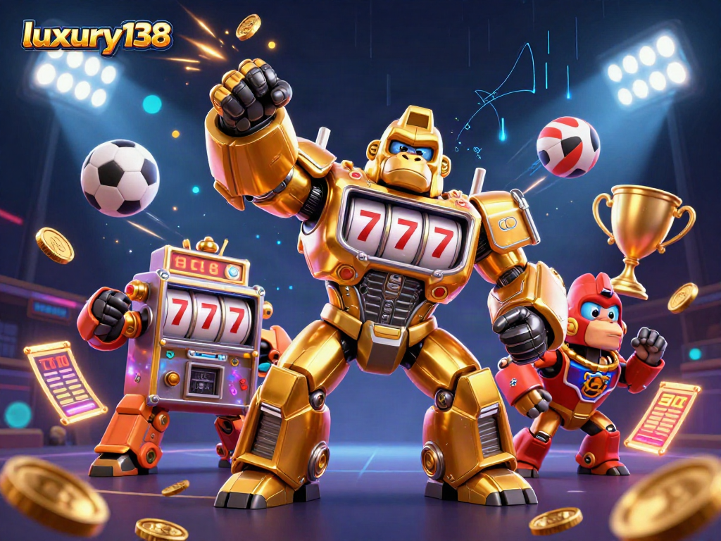 Luxury138 menghadirkan karakter gorila emas dan bola olahraga dalam ilustrasi 3D yang dinamis.
