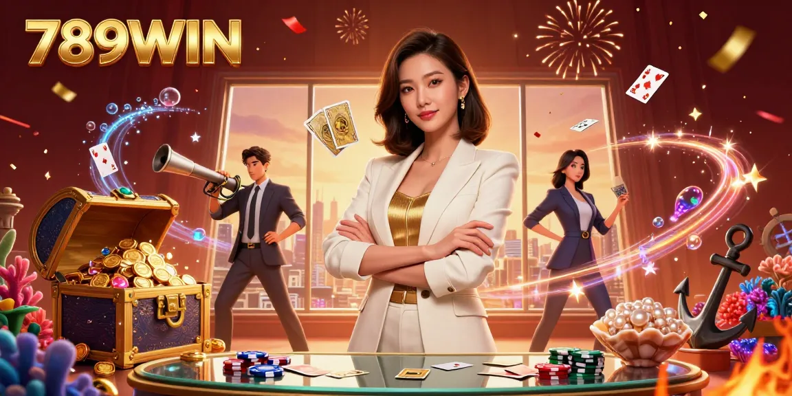 Win big at 789WIN with a glamorous Asian businesswoman displaying golden cards in an exciting casino scene.