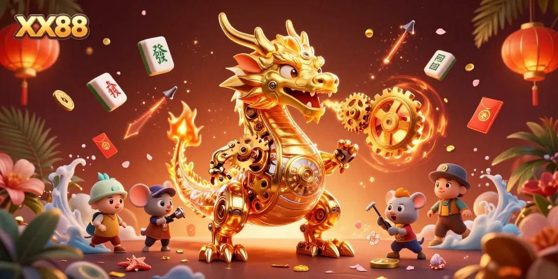 Experience the excitement of XX88 with a golden dragon and vibrant casino symbols.